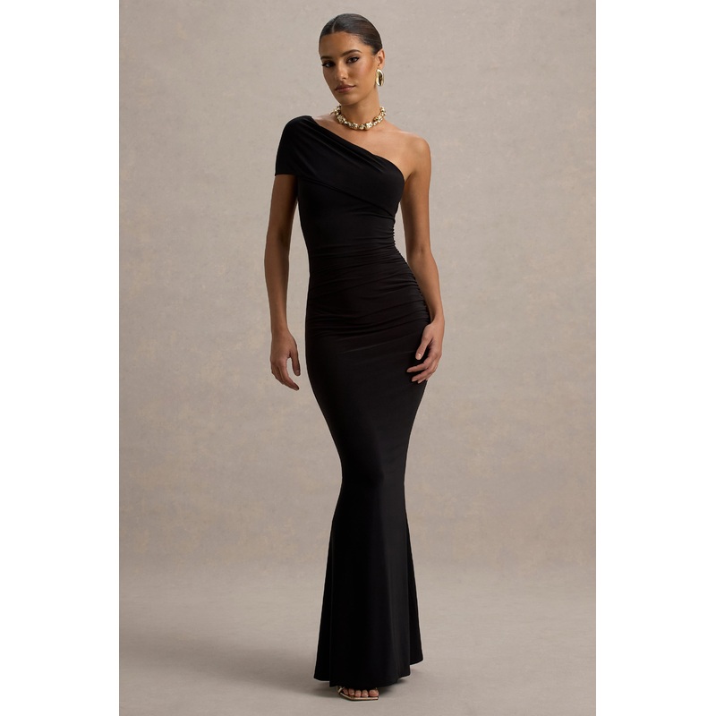Alethea | Black Asymmetric Bardot Maxi Dress