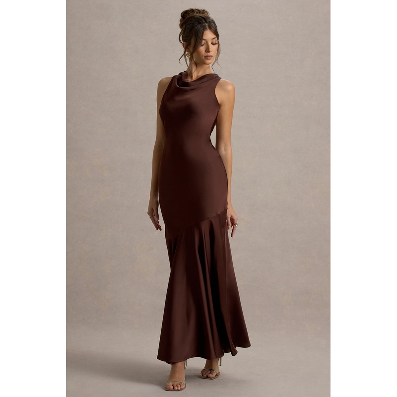 Amelita | Brown Satin Cowl-Neck Maxi Dress