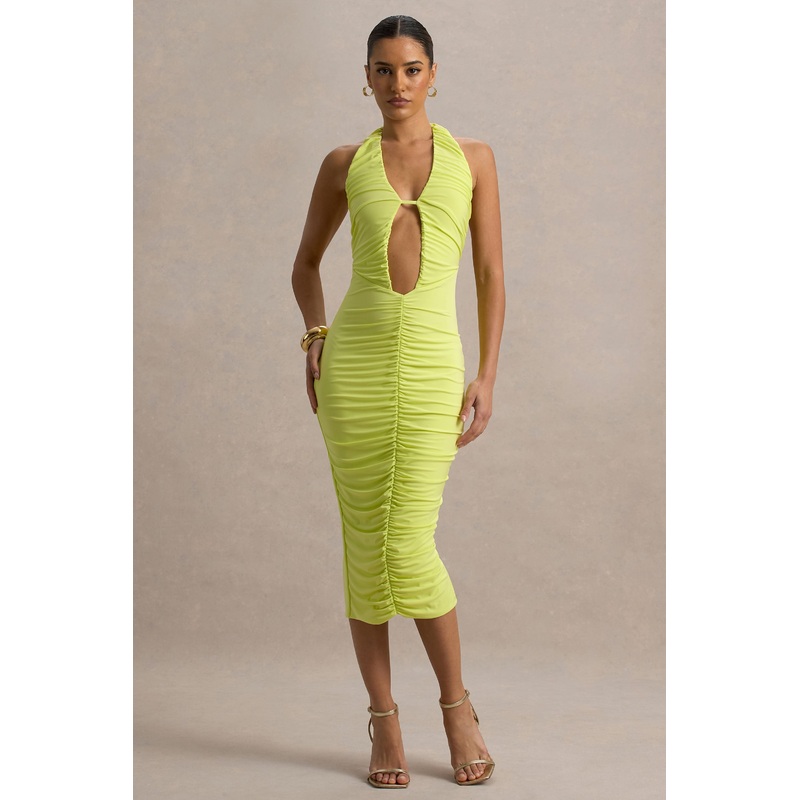 Anaisa | Lime Green Plunge Halter-Neck Midi Dress