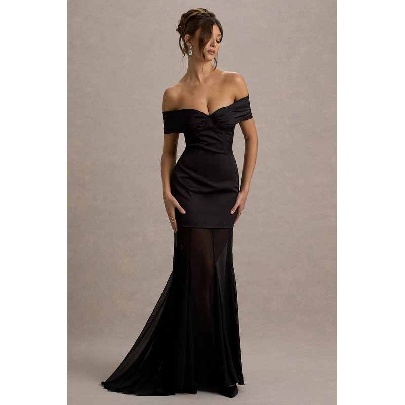Anders | Black Satin Bardot Maxi Dress With Sheer Skirt