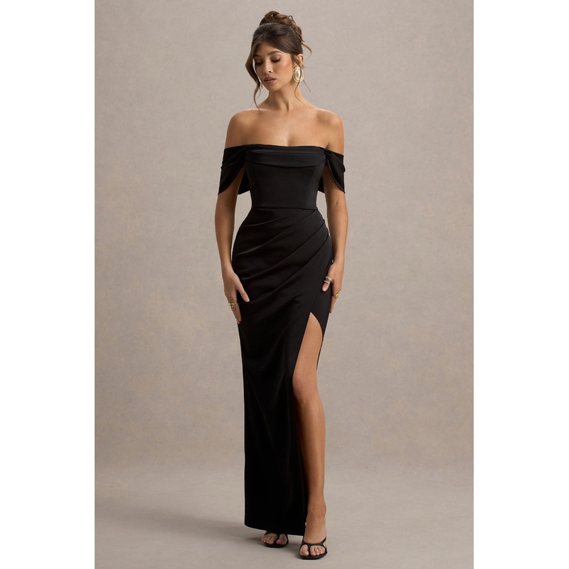 Annie | Black Satin Bardot Maxi Dress With Split Wrap Skirt