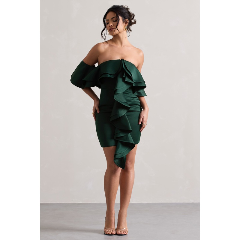 Aspen | Bottle Green Bardot Mini Dress With Ruffles