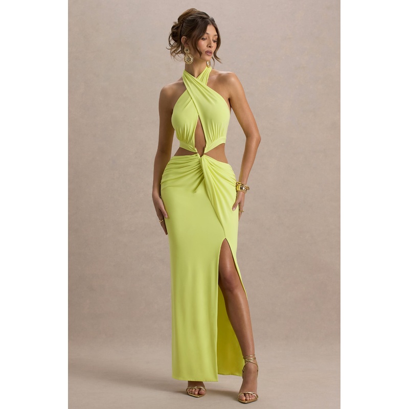 Aura | Lime Green Halter-Neck Cut-Out Split Maxi Dress