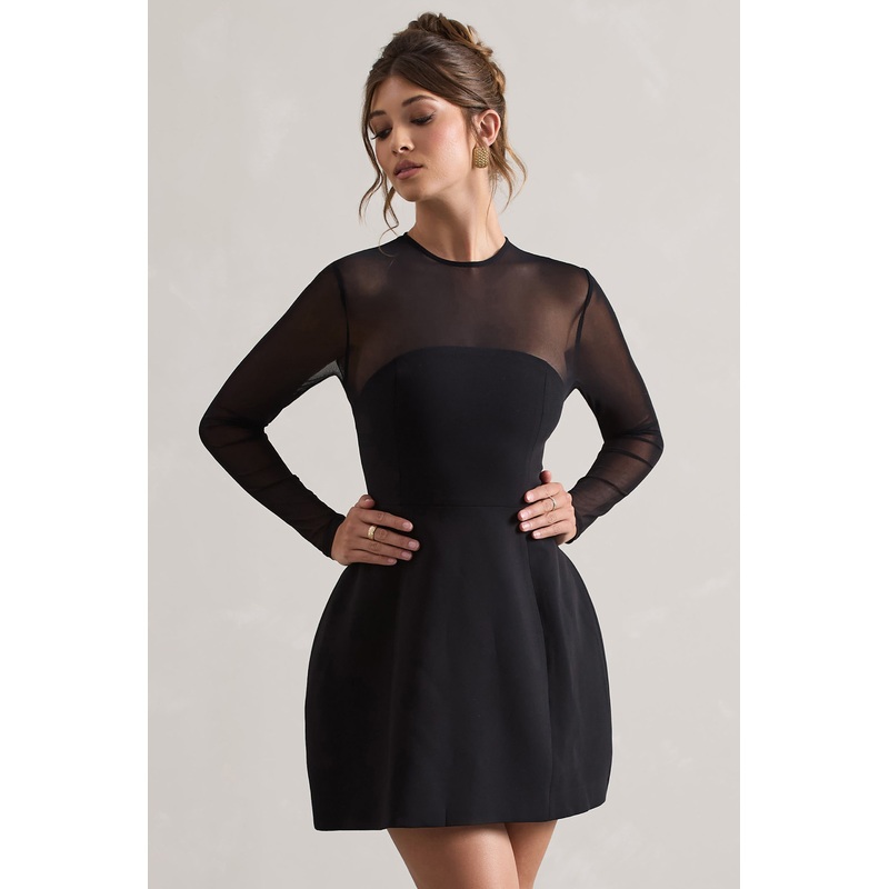 Austen | Black Mesh Long-Sleeve Mini Dress