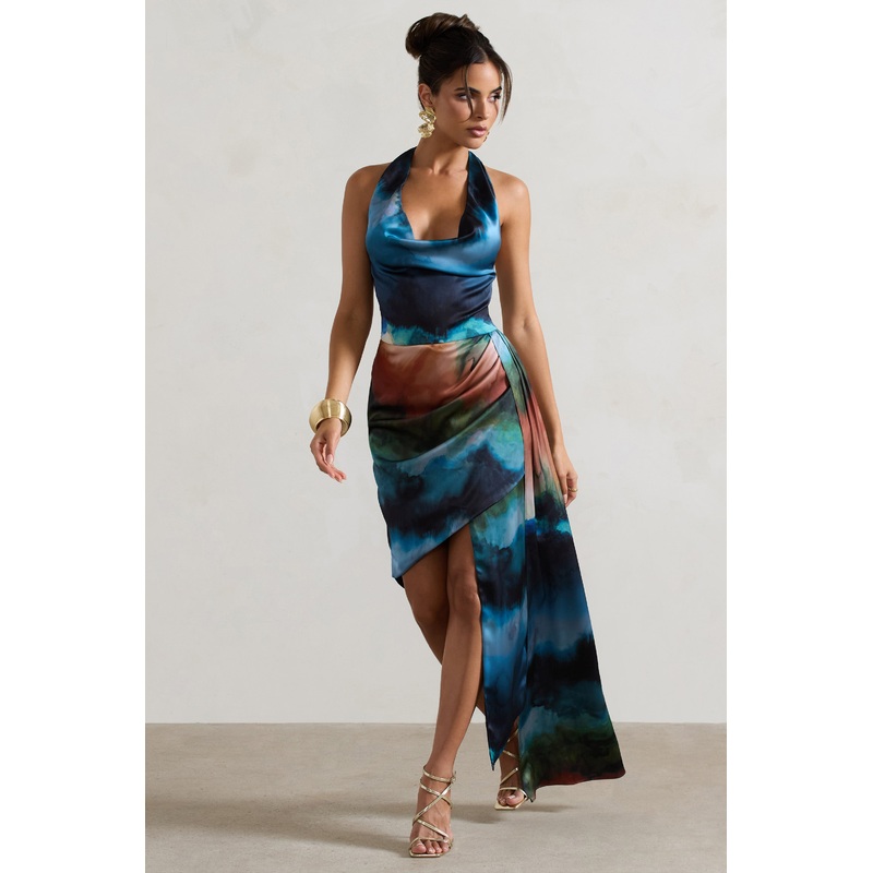 Bali | Blue Blur Print Satin Cowl-Neck Draped Midi Dress