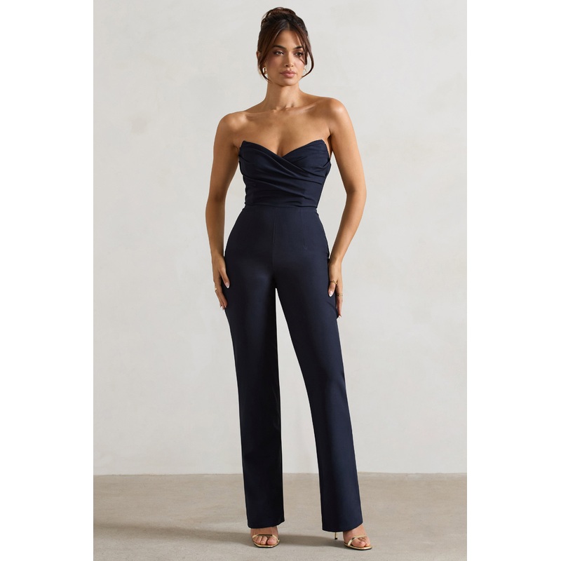 Bellezza | Navy Bandeau Corset Wide Leg Jumpsuit