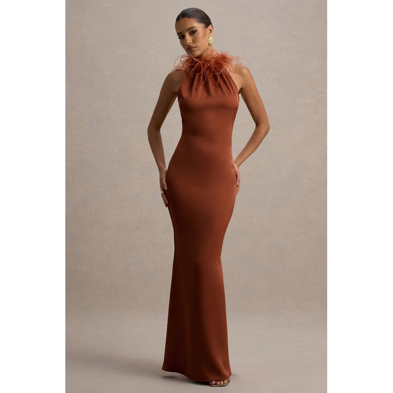 Bianca | Rust Satin Feather-Trim Maxi Dress