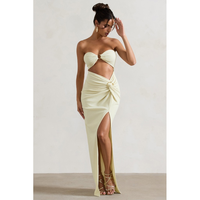 Cancun | Ecru Crinkle Strapless Cut-Out Maxi Dress With Twist