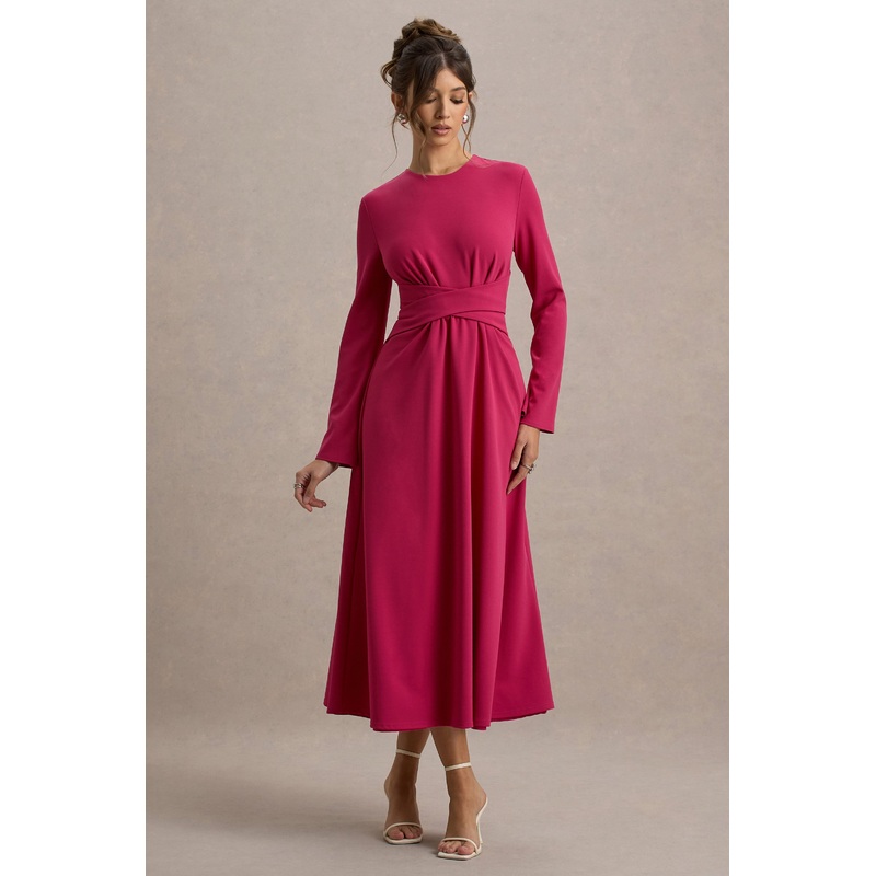 Cassiopeia | Hot Pink Long-Sleeve Midi Dress With Cross Waist