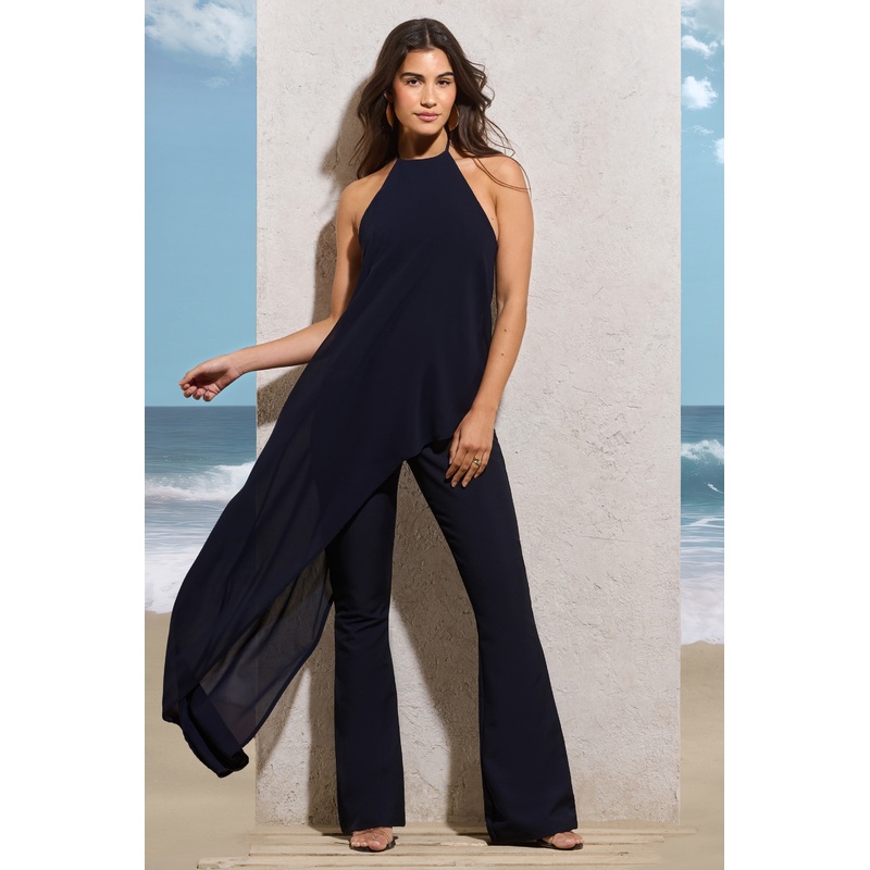 Catania | Navy Flared-Leg Jumpsuit With Chiffon Cape