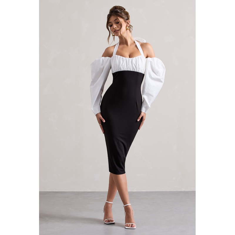 Couture Client | Black Halter-Neck Puff Sleeve Midi Dress