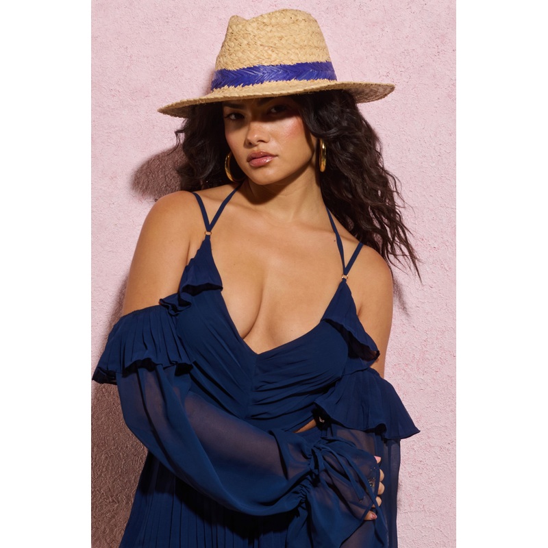 Cruise | Tan Straw Sun Hat With Navy Ribbon