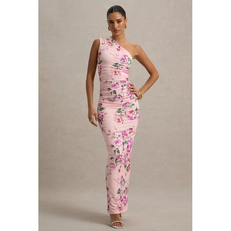 Dalarie | Pink Floral Print One-Shoulder Gathered Maxi Dress