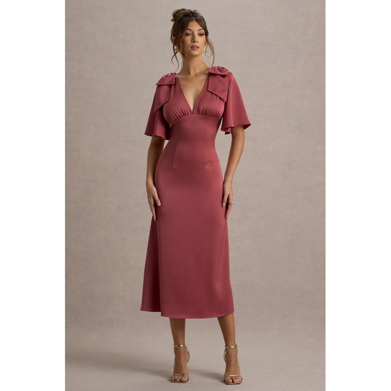 Danna | Rose Pink Satin V-Neck Short-Sleeve Midi Dress