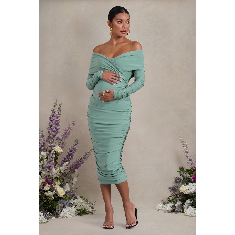 Davina | Sage Ruched Twist Bardot Long-Sleeve Maternity Midi Dress