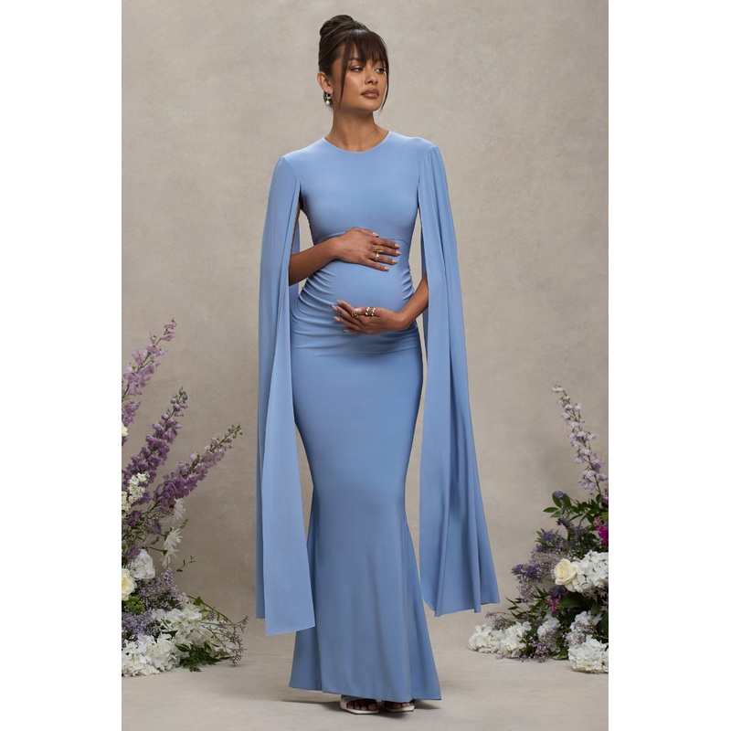 Divine Timing | Powder Blue Maternity Maxi Dress With Cape Sleeves