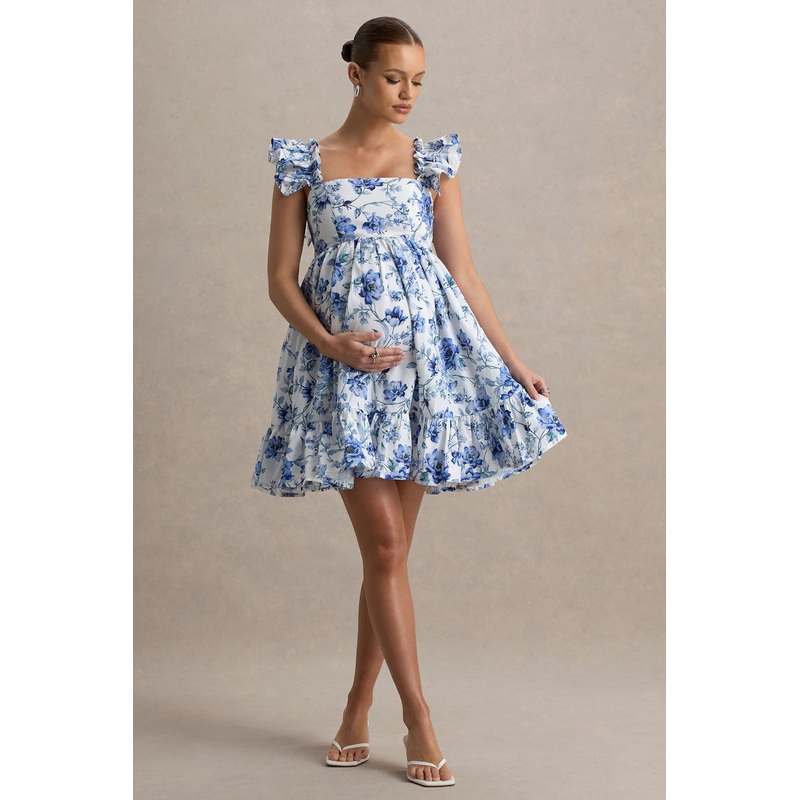 Dolly Daze | Blue Floral Print Ruffle Sleeve Babydoll Maternity Mini Dress