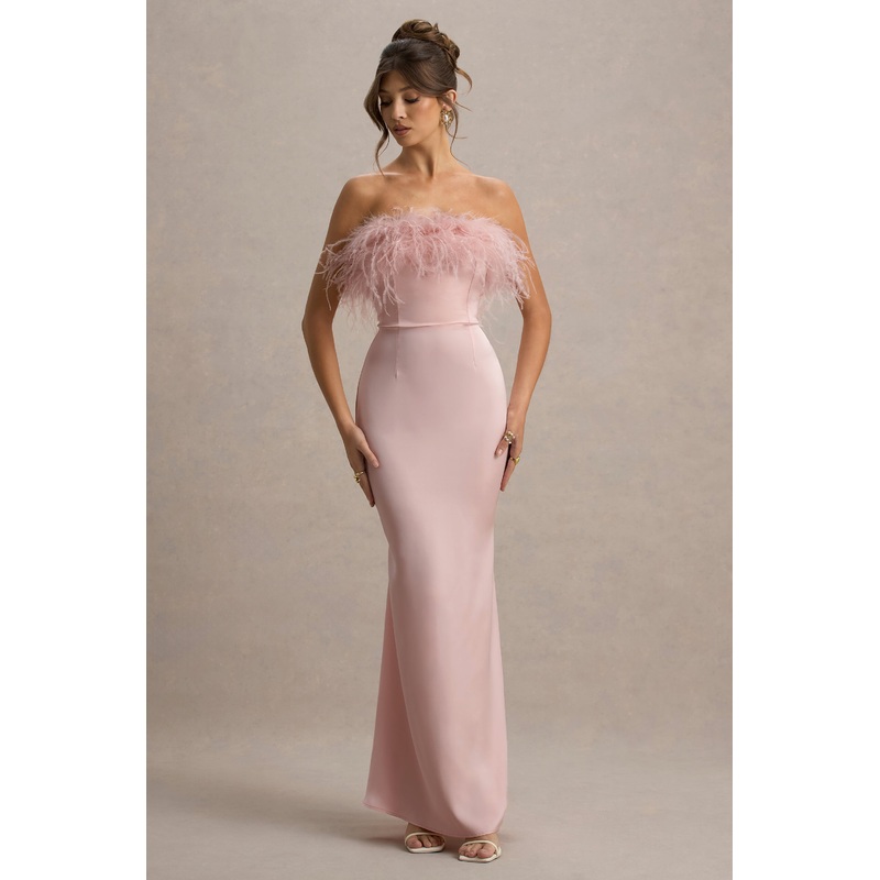Dress For It | Pale Pink Satin Feather Trim Bandeau Maxi Dress