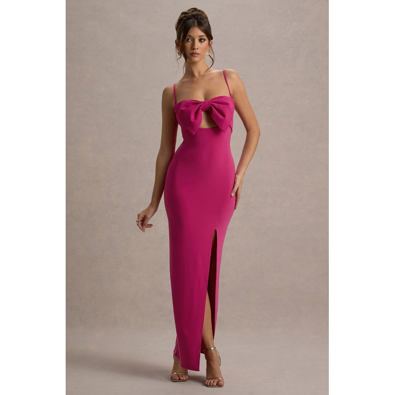 Emmalou | Hot Pink Strappy Split Maxi Dress With Bow