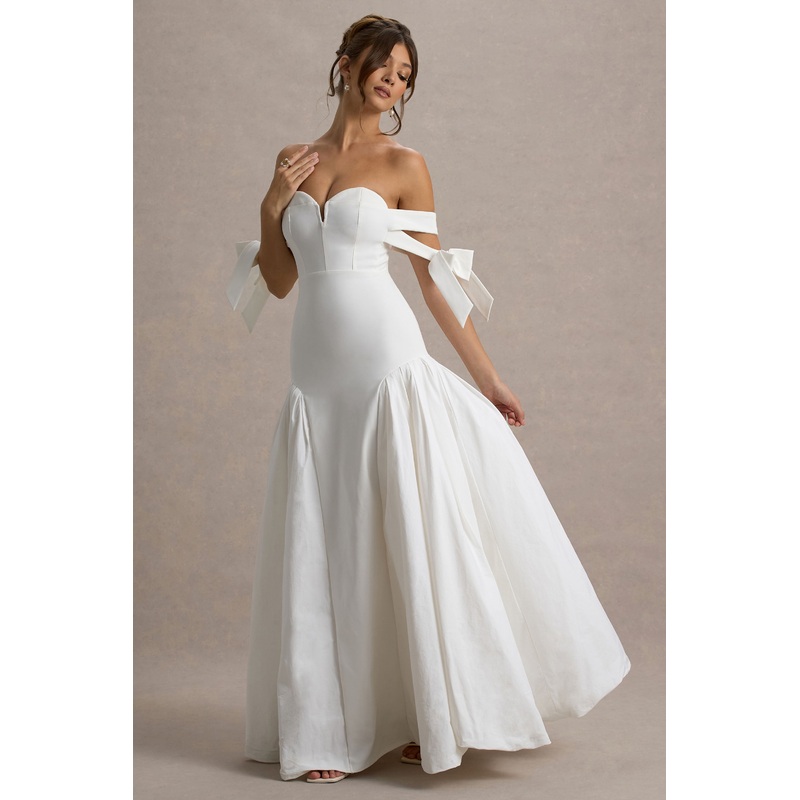 Ethel | White & Cream Bardot Maxi Dress With Volume Skirt