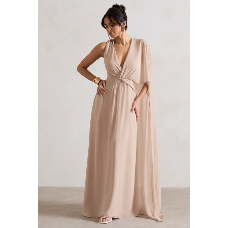 Fairytale | Champagne Plunge-Neck Chiffon Maxi Dress With Cape Sleeve