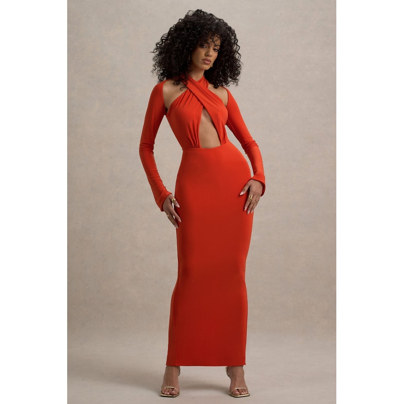 Gita | Orange Halter-Neck Long-Sleeve Maxi Dress