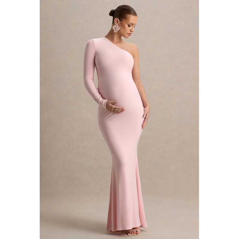 Heloise | Pink Asymmetric One-Sleeve Maternity Maxi Dress