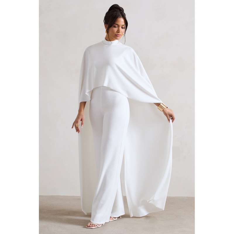 Indra | White High-Neck Wide-Leg Cape Jumpsuit