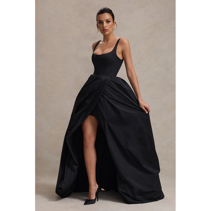 Infinite | Black Strappy Maxi Dress With Volume High-Low Skirt