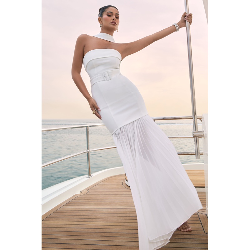 Jaquetta | White Belted Maxi Dress With Pleated Chiffon Skirt