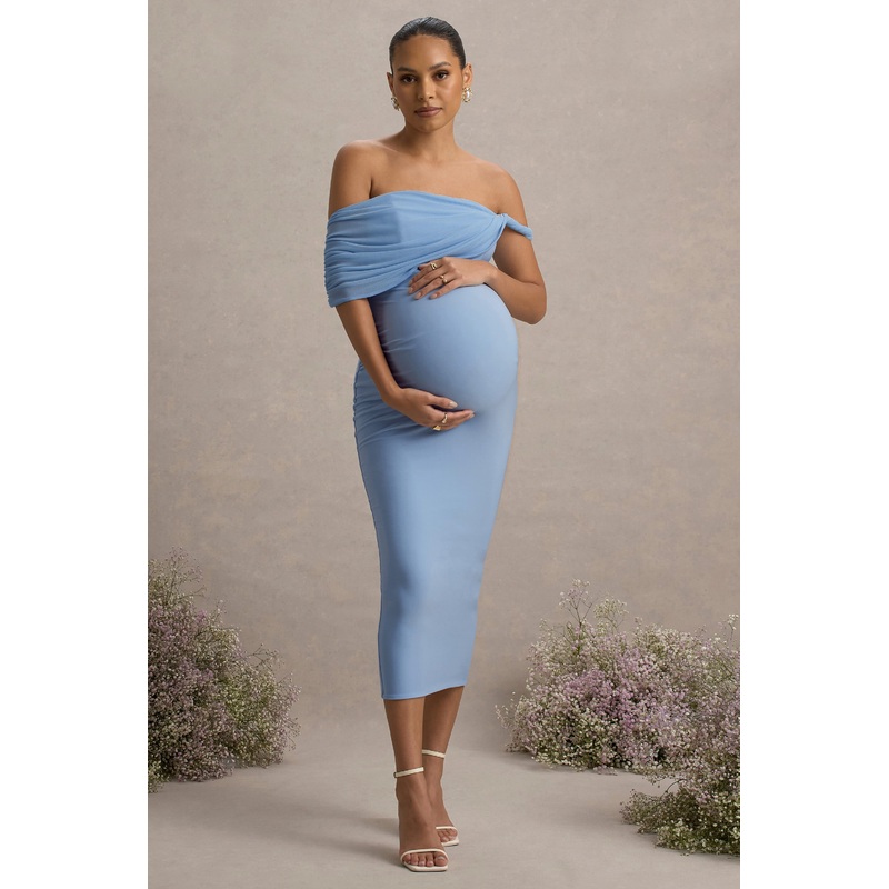 Jen | Powder Blue Bardot Twisted Maternity Midi Dress