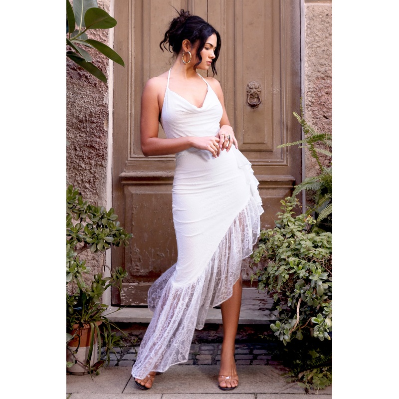 Ladyship | White Lace Asymmetric Ruffled Maxi Dress