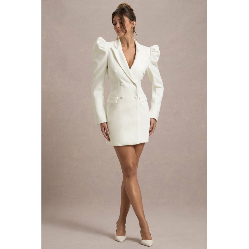 Landon | Off-White Tailored Blazer Mini Dress With Puff Sleeves