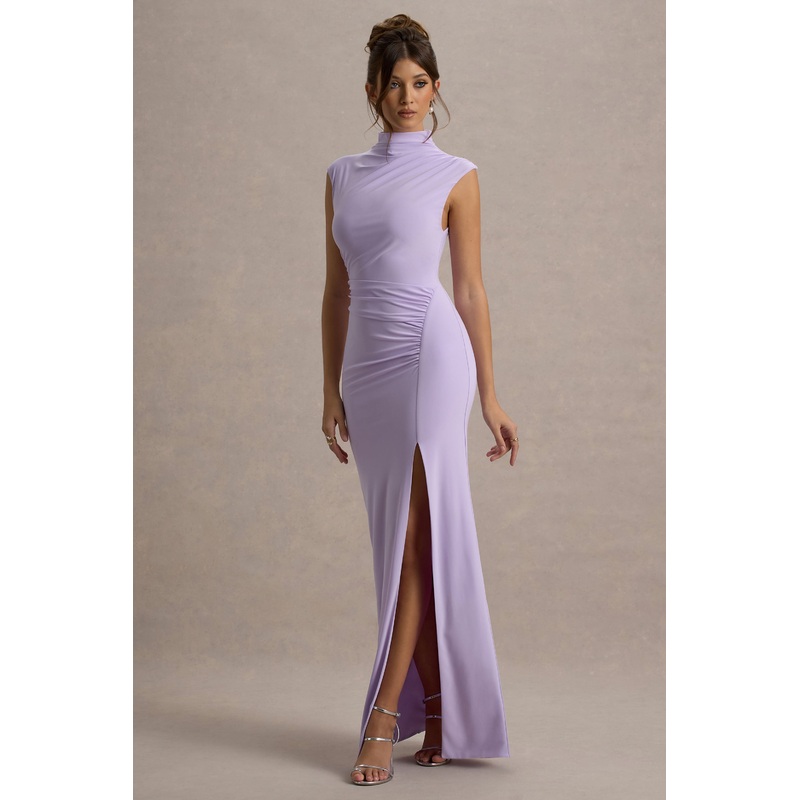 Lanetta | Lilac Ruched High-Neck Maxi Dress With Split