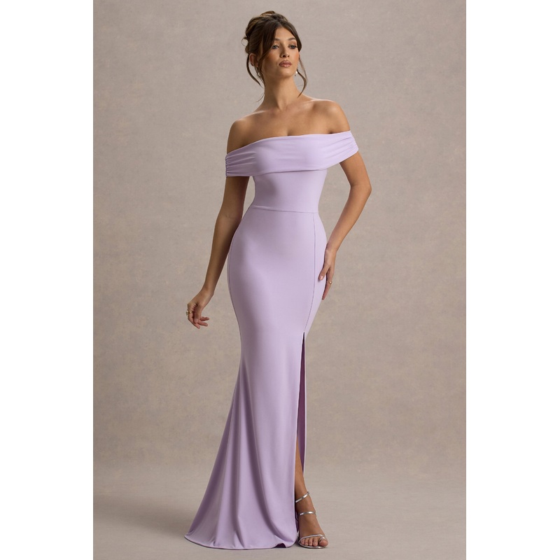 Law of Attraction | Lilac Bardot Draped Split Maxi Dress