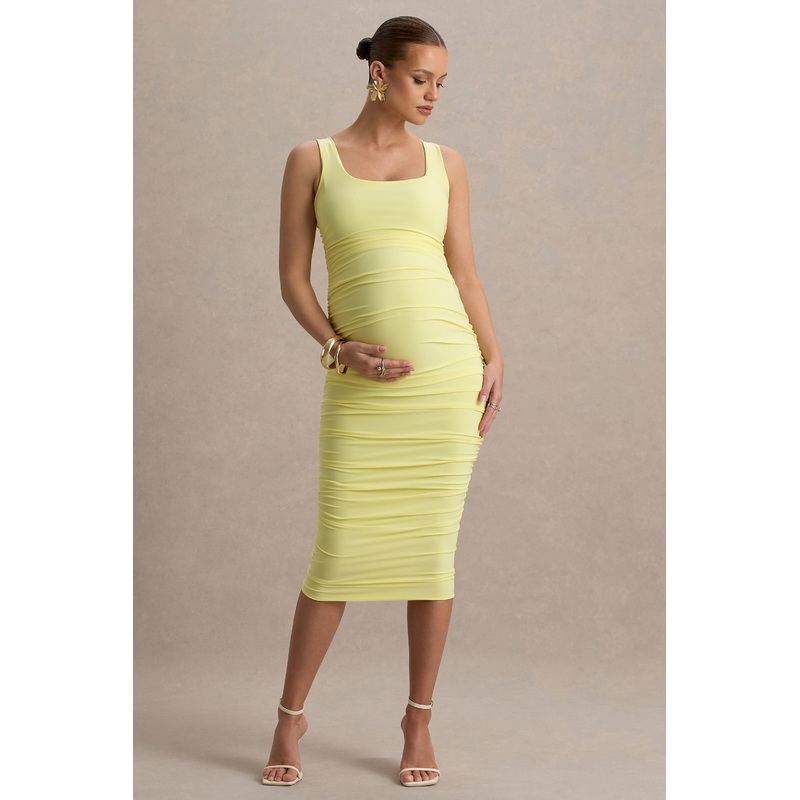 Lisbon | Lemon Maternity Square Neck Ruched Midi Dress
