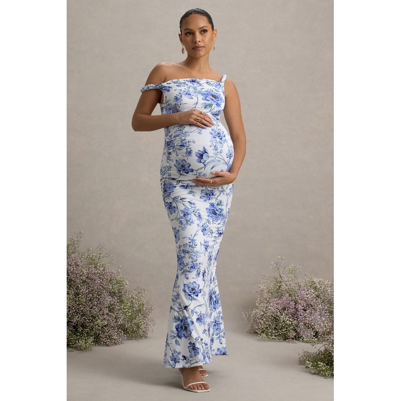 Lita | Blue Floral Print Twisted Asymmetric Maternity Maxi Dress