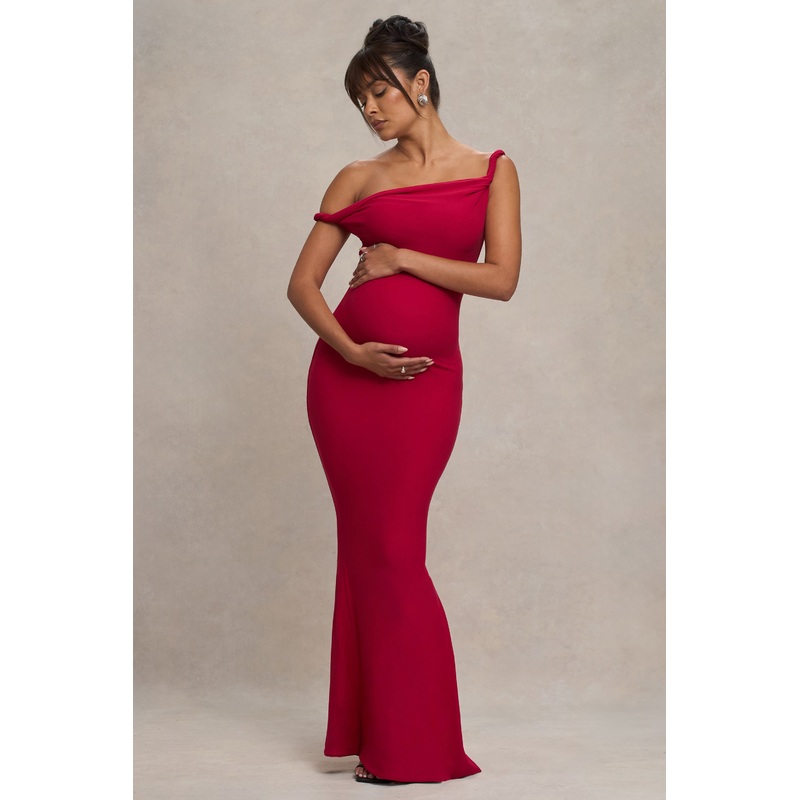 Lita | Red Twisted Asymmetric Maternity Maxi Dress