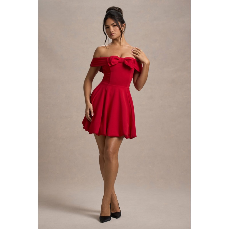 Minimoiselle | Red Bow Bardot Mini Dress With Puff-Ball Skirt