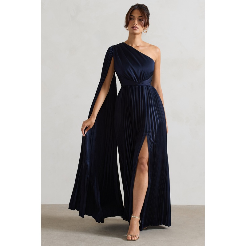 My Vision | Navy Plisse Asymmetric Split Maxi Dress With Cape Sleeve