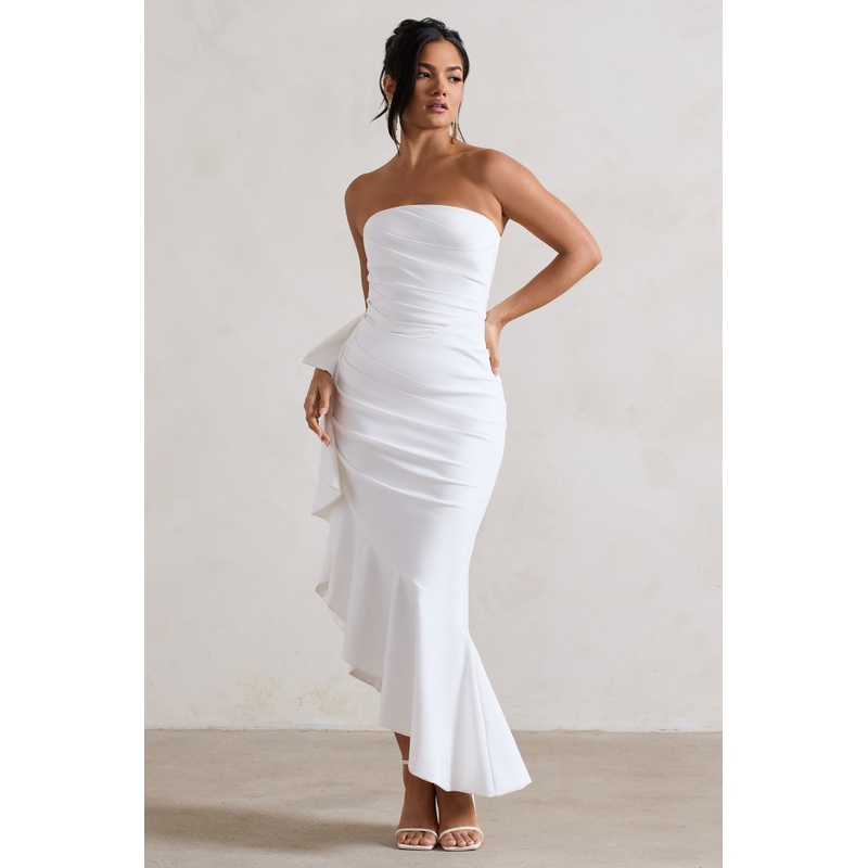New Age | White Strapless Asymmetric Ruffled Maxi Dress