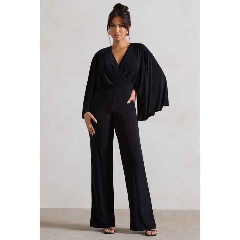 Nori | Black Plunge-Neck Straight-Leg Cape Jumpsuit