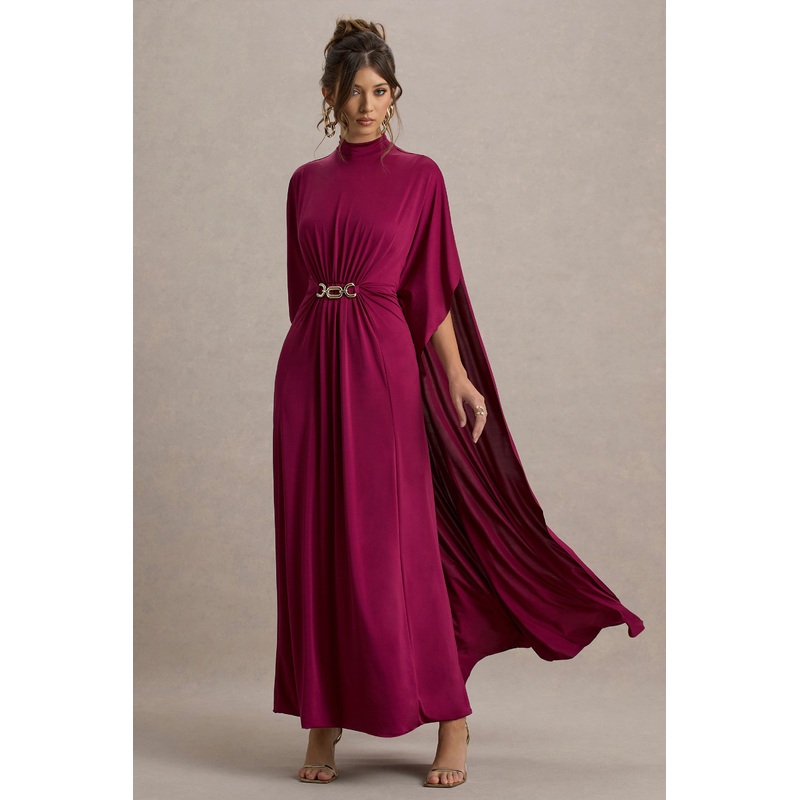 Olessia | Burgundy Belted Gathered Cape-Sleeve Maxi Dress
