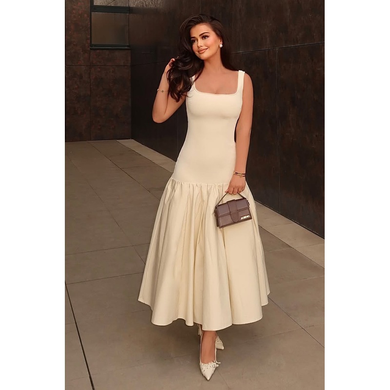 Parida | Cream Poplin Drop-Waist Midi Dress With Peplum Hem