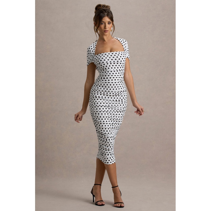 Paxos | White Polka Dot Ruched Short-Sleeve Midi Dress