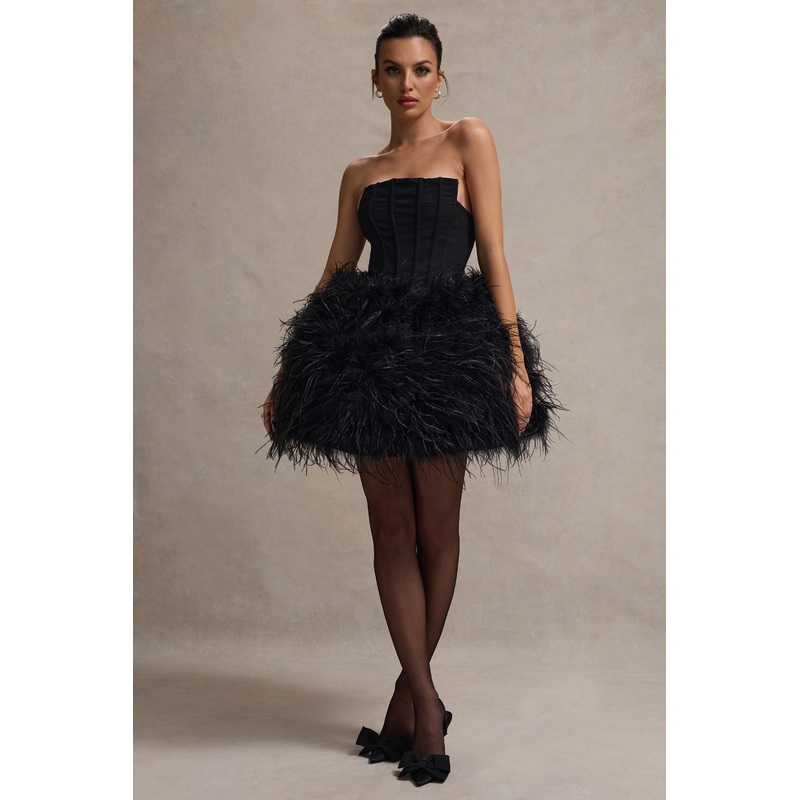 Peaches | Black Strapless Mini Dress With Volume Feather Hem