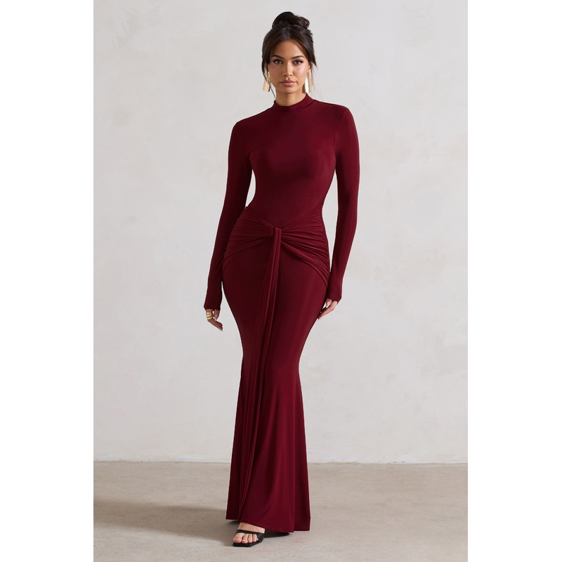 Pietra | Berry High-Neck Long Sleeve Knot Maxi Dress