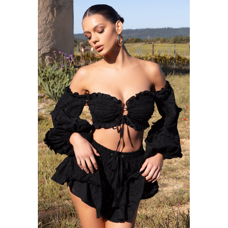Postcard | Black Lace Bardot Puff-Sleeved Crop Top