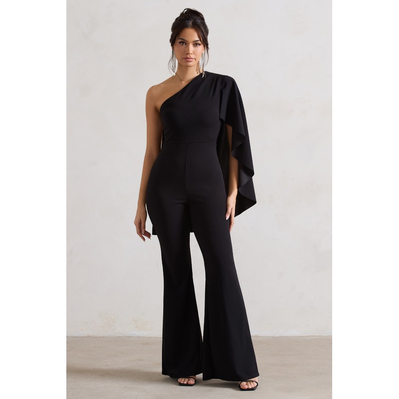Pristine | Black One Shoulder Cape Sleeve Flared-Leg Jumpsuit