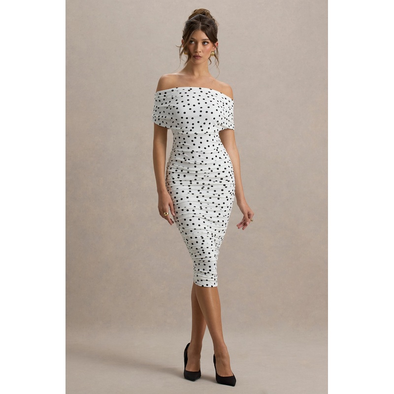 Rayleigh | Polka Dot Bardot Ruched Midi Dress
